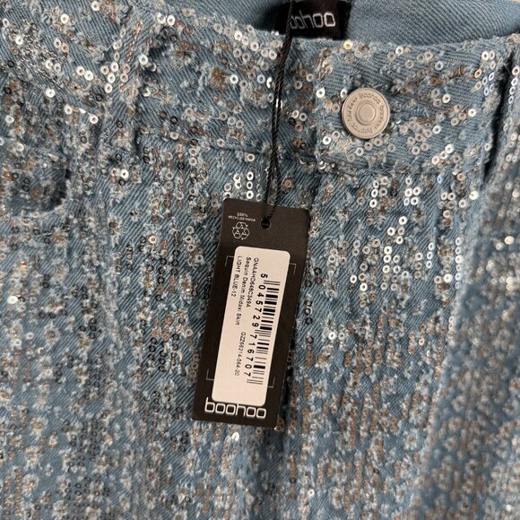 Boohoo Light Blue Sequin Tweed Jacket & Skirt Set – Oversized Blazer Midi Skirt - Picture 6 of 11